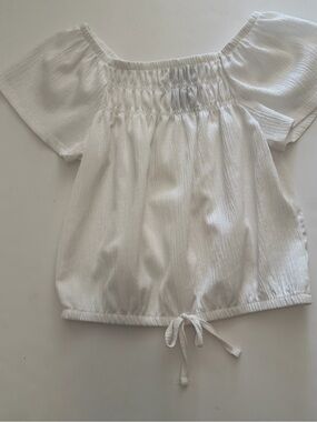 White Smocked Off-Shoulder Tie-Hem Top